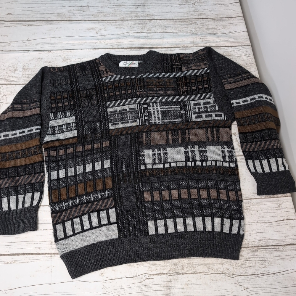 Modango Geometric Dark Neutrals Crewneck Sweater - Picture 2 of 6